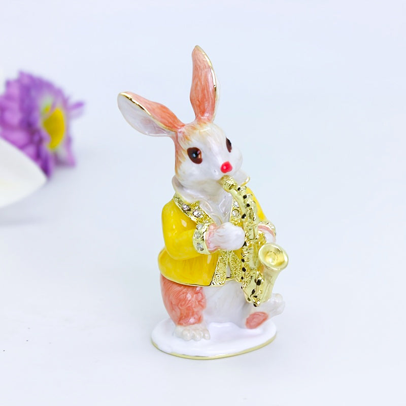 Enchanting Enamel Easter Bunny Musician Statue Jewelry Trinket Boxes - Quaint Palace