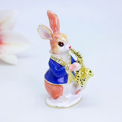 Enchanting Enamel Easter Bunny Musician Statue Jewelry Trinket Boxes - Quaint Palace