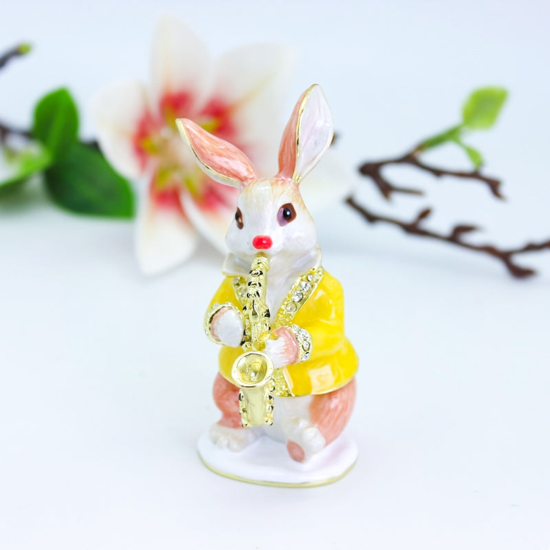 Enchanting Enamel Easter Bunny Musician Statue Jewelry Trinket Boxes - Quaint Palace