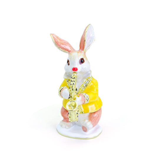 Enchanting Enamel Easter Bunny Musician Statue Jewelry Trinket Boxes - Quaint Palace