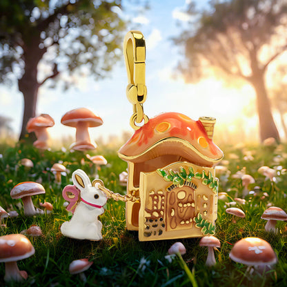 Enamel Mushroom House & Bunny Pendant - Quaint Palace