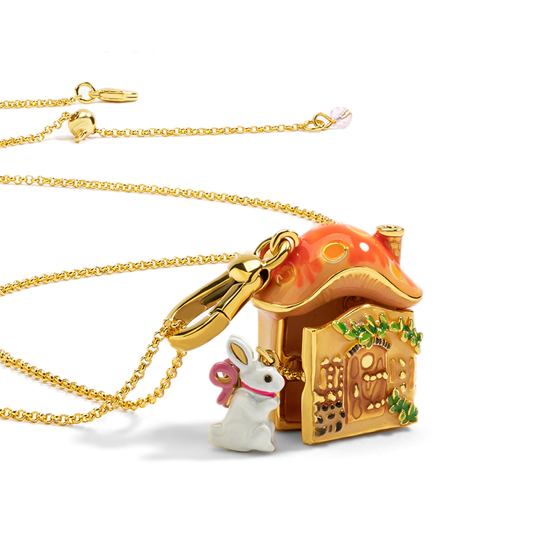 Enamel Mushroom House & Bunny Pendant - Quaint Palace