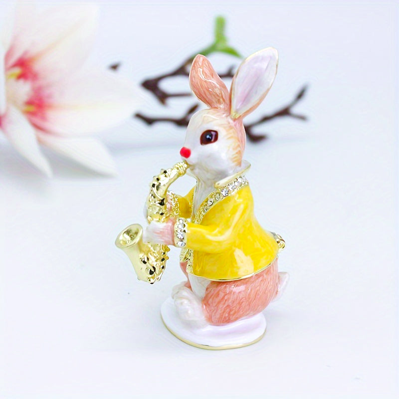 Enchanting Enamel Easter Bunny Musician Statue Jewelry Trinket Boxes - Quaint Palace