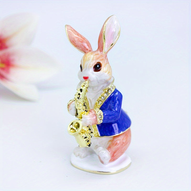 Enchanting Enamel Easter Bunny Musician Statue Jewelry Trinket Boxes - Quaint Palace